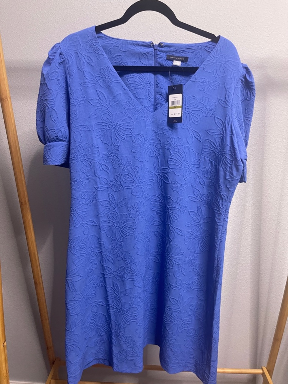 Tommy Hilfiger Blue Floral-Textured V-Neck Dress